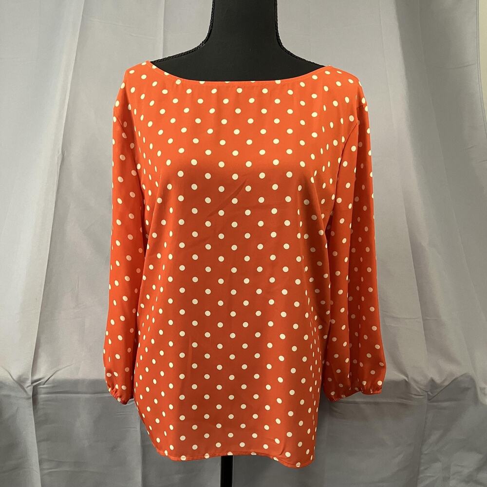Sweet Pea New York & Company‎ Blouse Womens Large Orange Polka Dot Bow Back Top